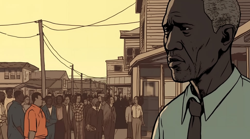 A crowded scene from animation